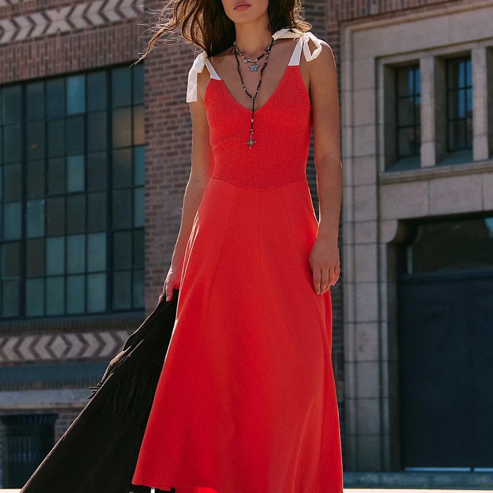 NWT Free People Cecelia Midi Dress Red with Ivory Straps Womens S